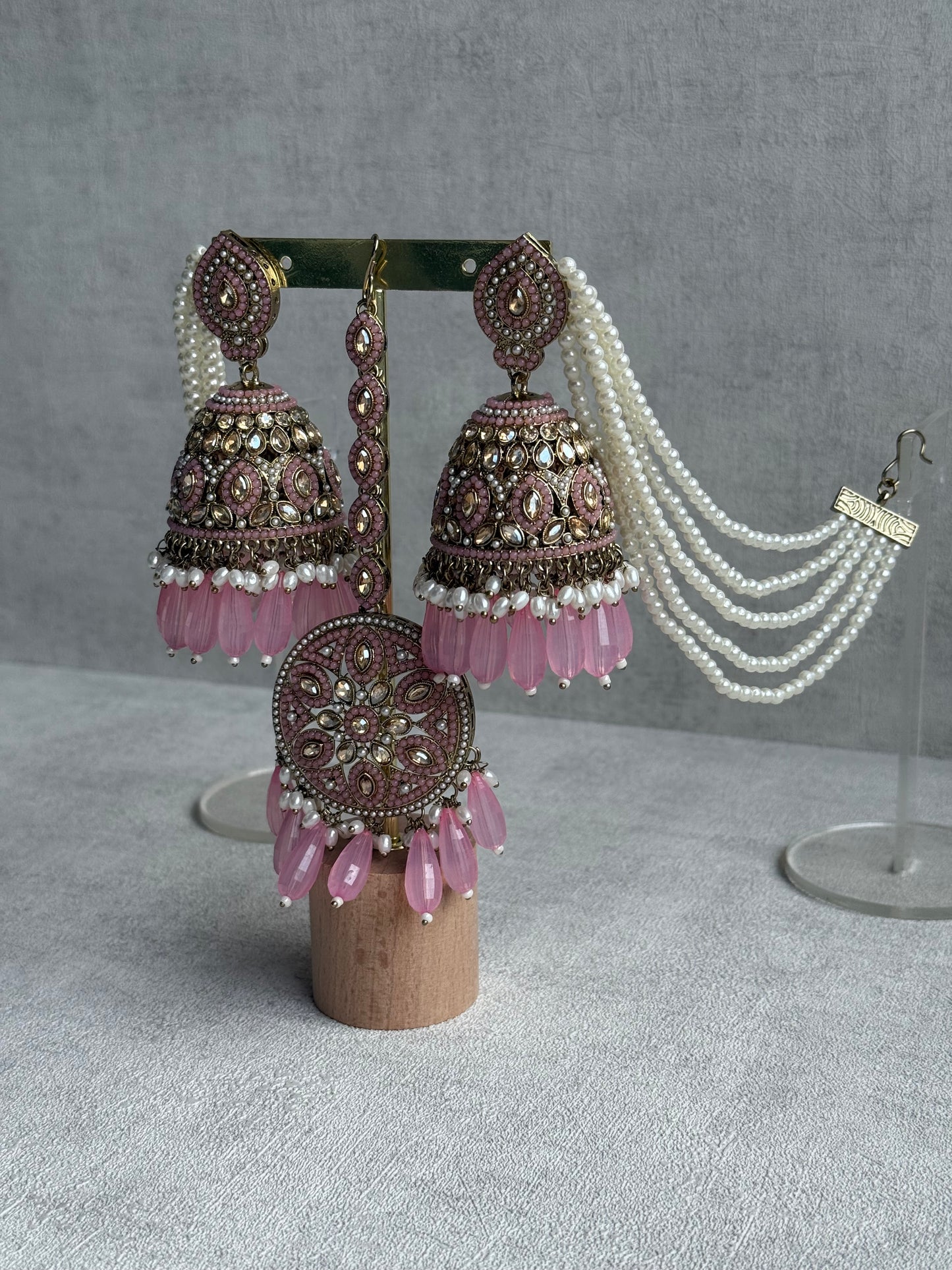 Ayura Designs Amrita Tikka Set – Jhumkis with Sahare & Tikka in Blush Pink, Pearls and Antique Gold Finish