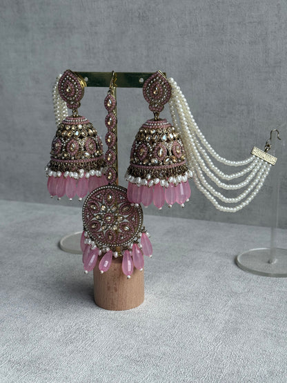 Ayura Designs Amrita Tikka Set – Jhumkis with Sahare & Tikka in Blush Pink, Pearls and Antique Gold Finish