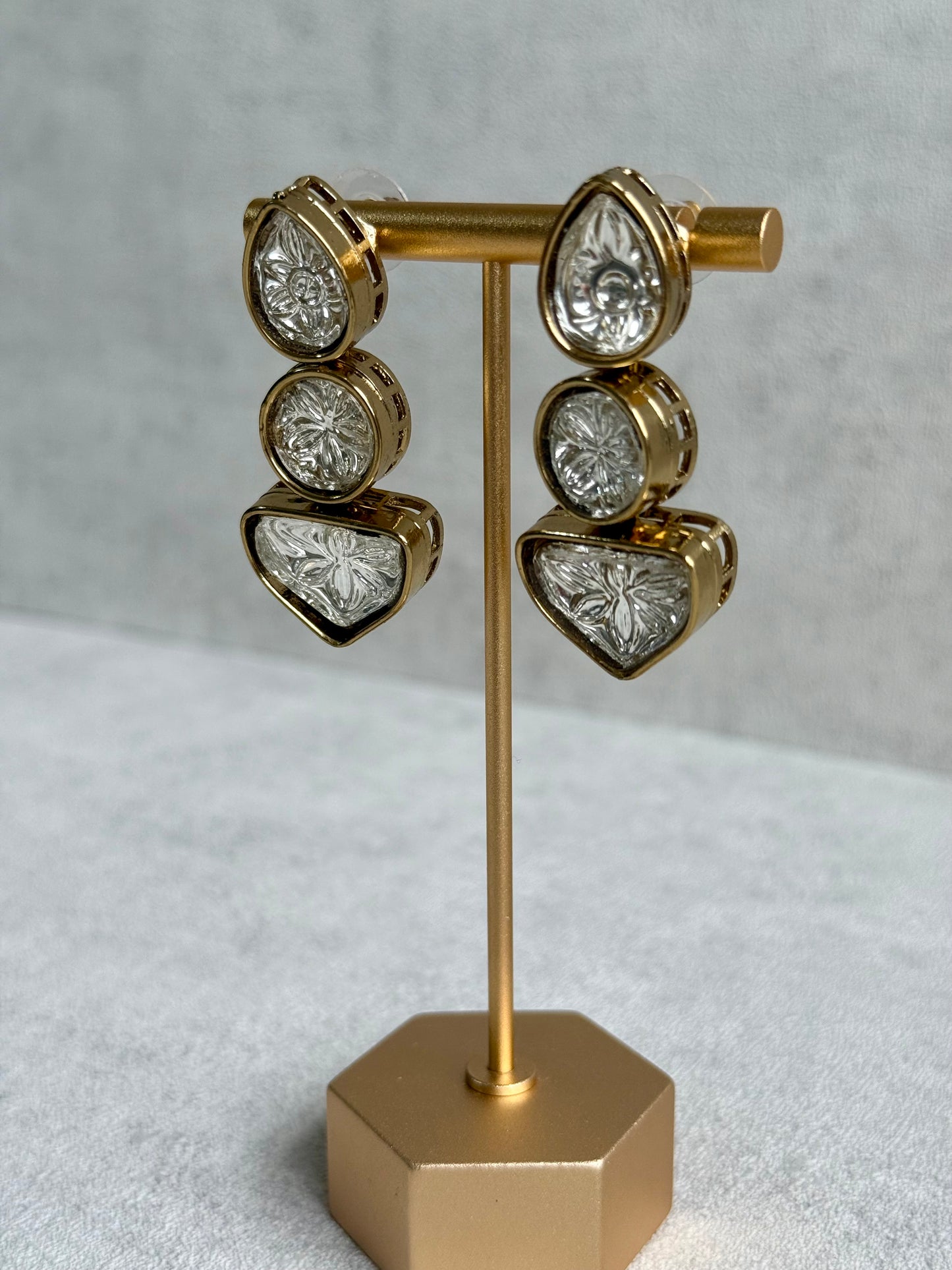 Ayura Designs Zella Earrings – Carved Crystal with Gold Frame Detailing