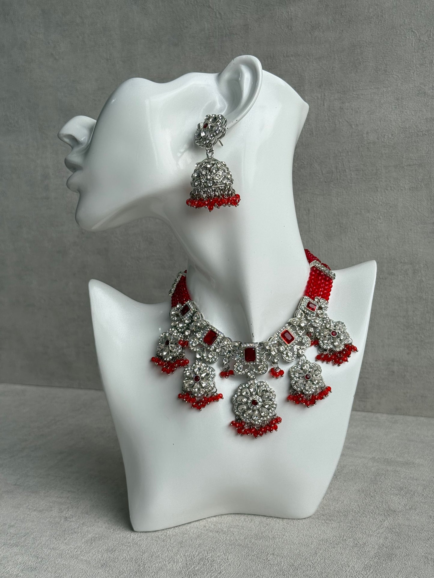 Ayura Designs Zarghuna Set with Jhumkis & Tikka – Orange Beads, Mirror-Cut Stones & Silver Finish