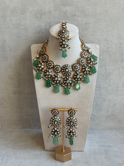 Ayura Designs Sumaira Set with Passa – Necklace, Earrings, Tikka & Passa with Kundan, Green Meenakari Detailing & Jade Green Drops
