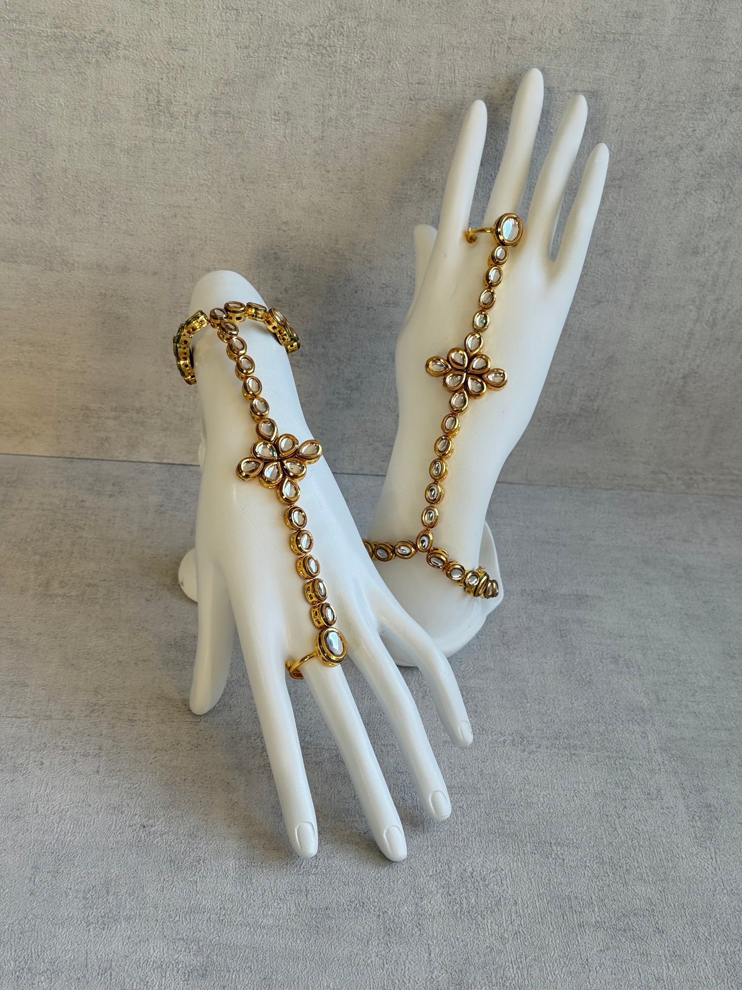 Ayura Designs Raina Haathphool – Kundan Hand Ornament with Floral Motif & Enamel Detailing