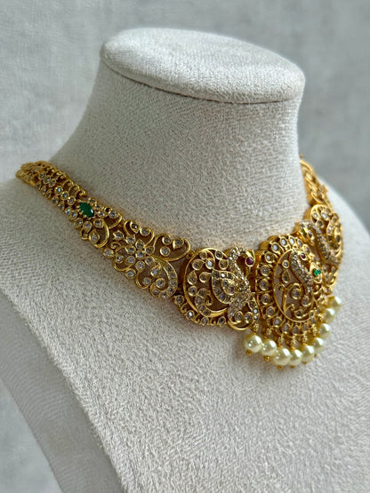 Ayura Designs Vedya Set – Antique Gold Peacock Necklace with Kundan, Emerald & Pearl Detailing