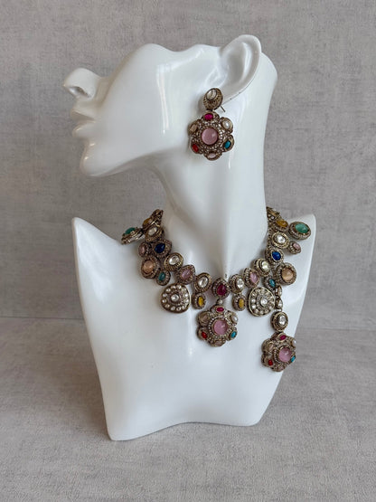 Ayura Designs Elvira Necklace Set with Earrings & Tikka – Multicolour Stone Necklace with Pink Centre Stones & Pearl Detailing