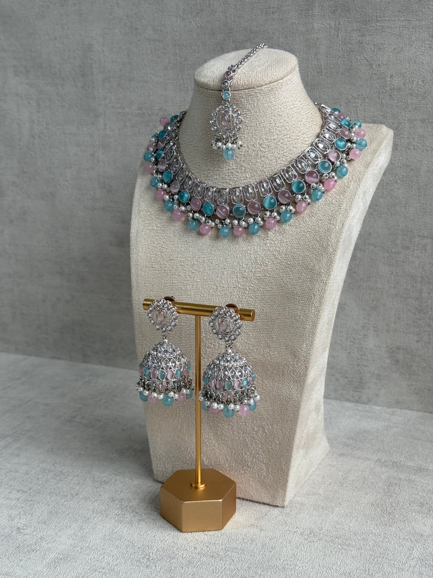 Ayura Designs Rayal Set – Silver Necklace, Jhumkis & Tikka with Aqua Blue, Blush Pink & Pearl Detailing