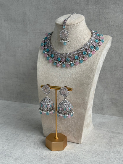 Ayura Designs Rayal Set – Silver Necklace, Jhumkis & Tikka with Aqua Blue, Blush Pink & Pearl Detailing