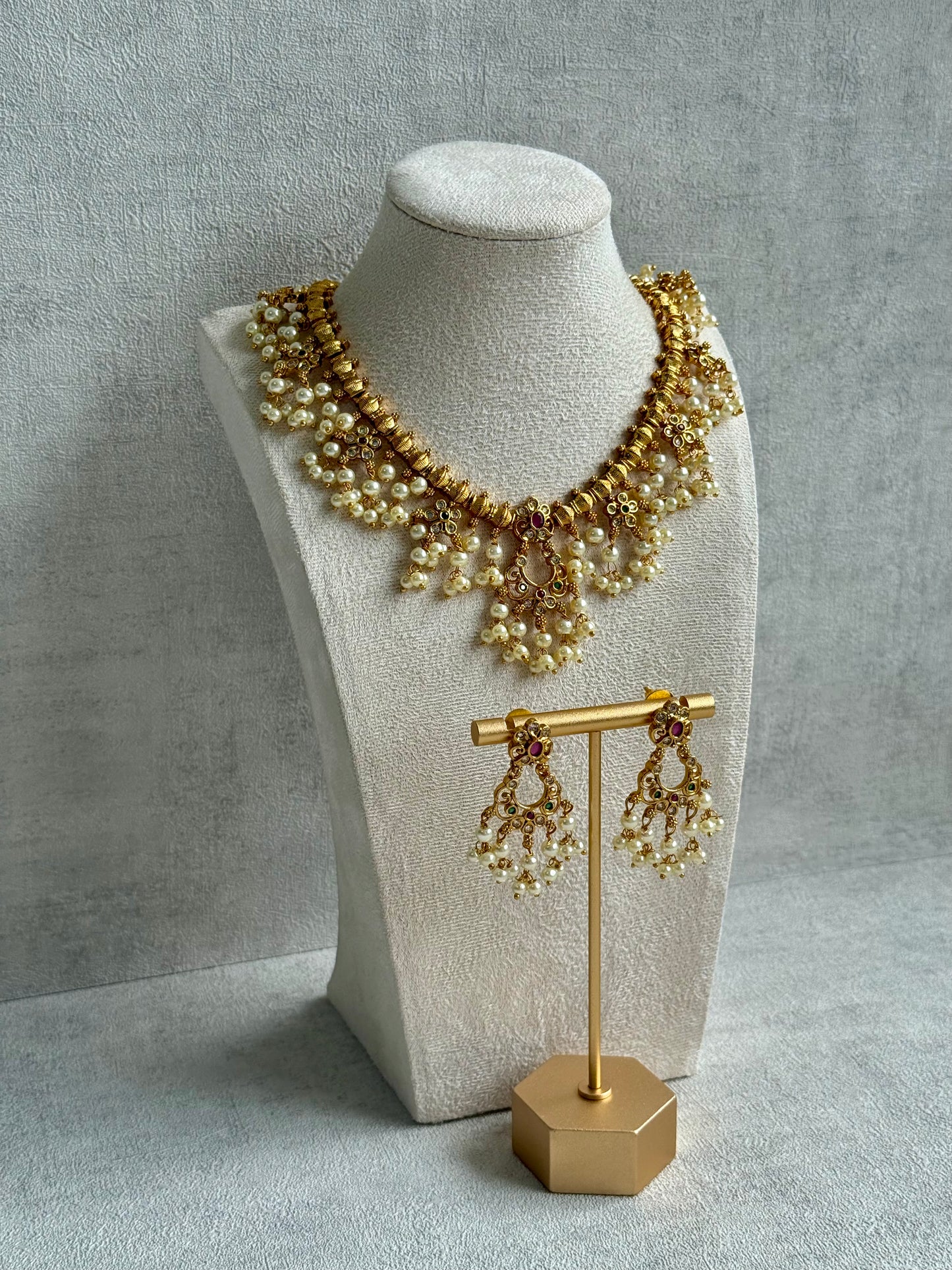 Ayura Designs Chaaya Set – Necklace & Earrings with Kundan Stones, Pink & Emerald Accents, and Pearl Detailing