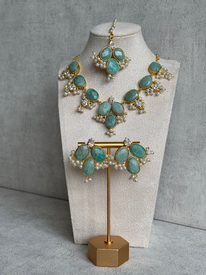 Ayura Designs Anahita Set with Tikka & Earrings – Amazonite, Crystals & Pearls