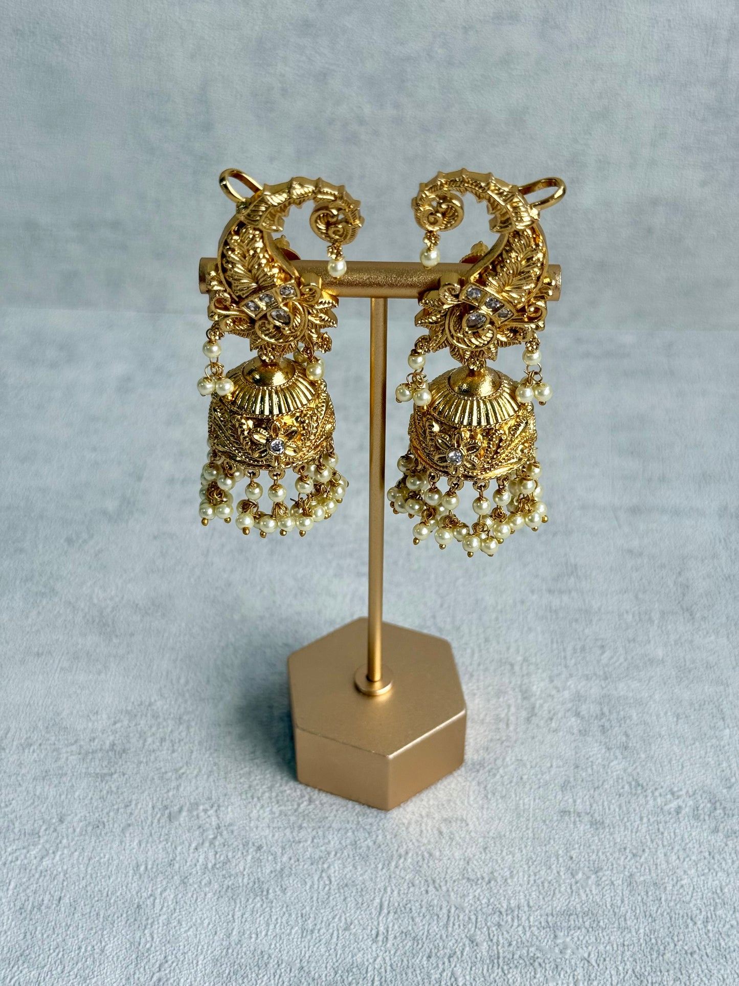 Ayura Designs Anika Jhumkis – Gold Half Ear Cuffs with Floral Motif, Kundan Crystals & Pearl Jhumka Drops