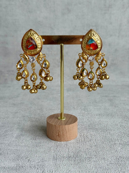 Ayura Designs Arheer Earrings – Orange & Turquoise Marble with Kundan Detailing & Antique Gold Ghungroos