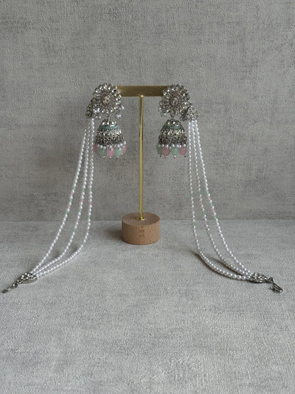 Ayura Designs Nawal Set – Necklace, Jhumkis, Tikka & Detachable Sahare with Mint & Blush Beads, Pearls & Antique Silver Finish