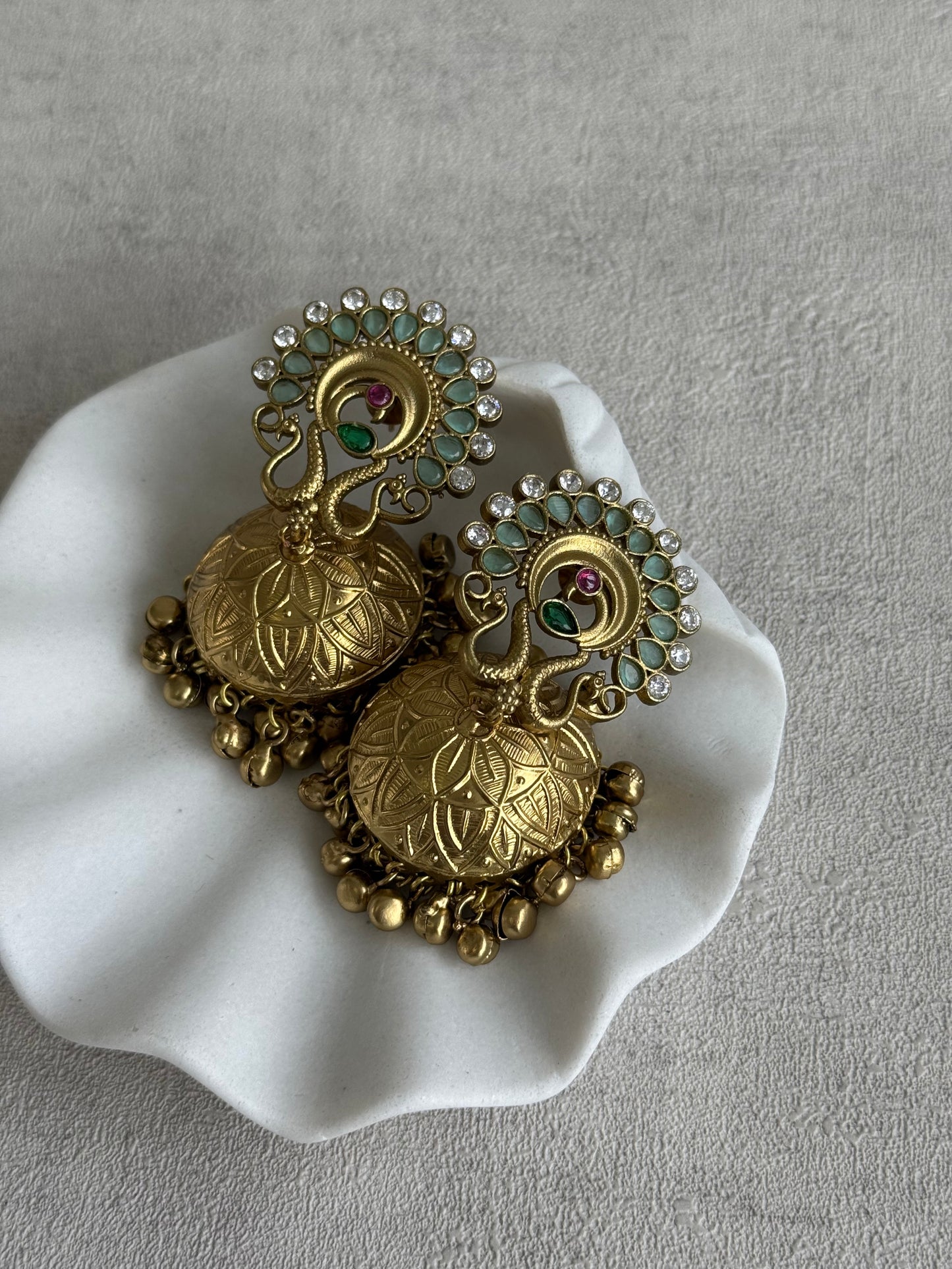 Ayura Designs Moraya Jhumkis – Mint Green Peacock Motif with Antique Gold Detailing
