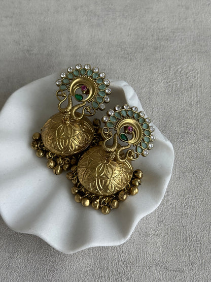 Ayura Designs Moraya Jhumkis – Mint Green Peacock Motif with Antique Gold Detailing