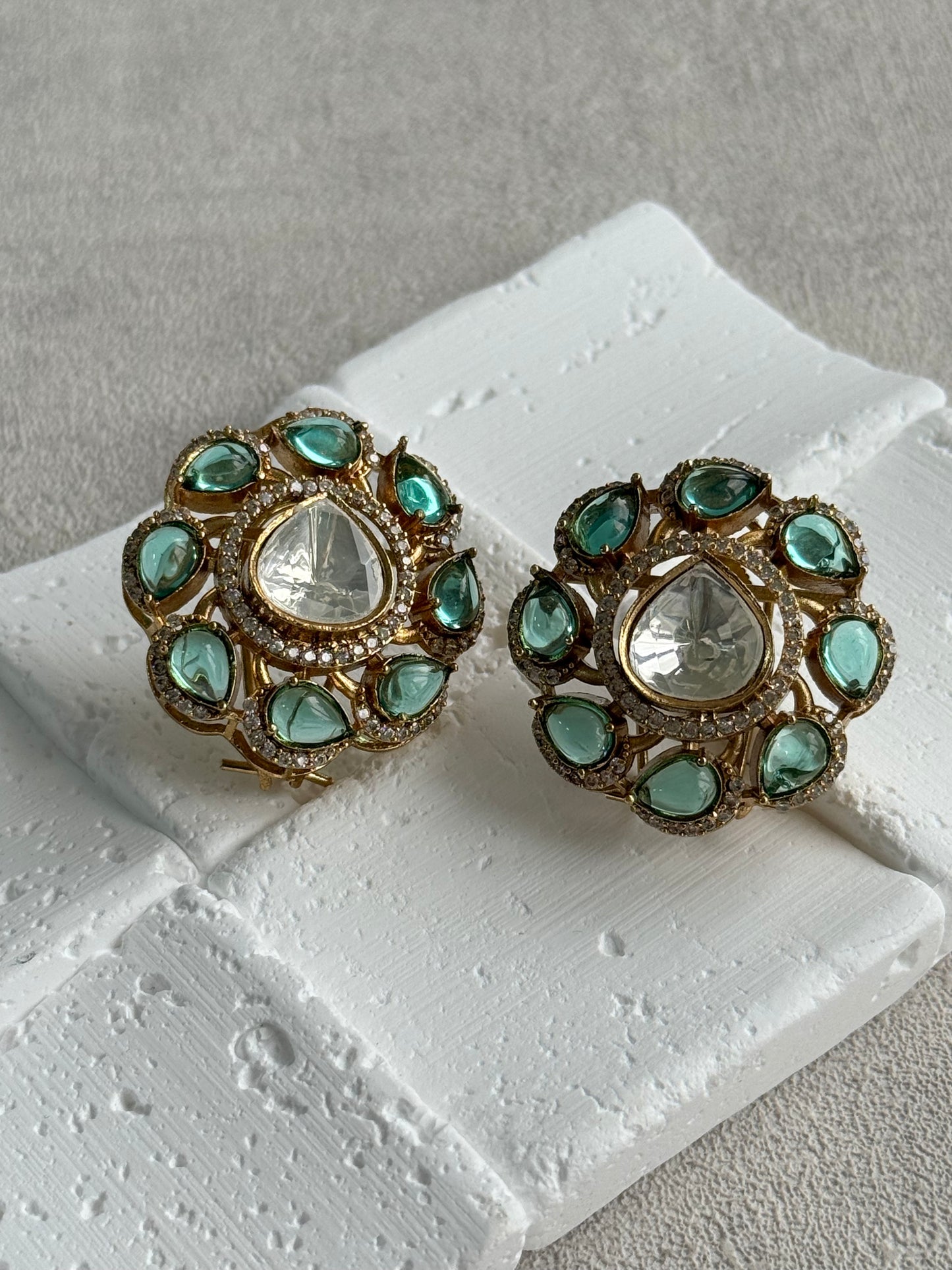 Ayura Designs Giana Stud Earrings – Aqua Green & Crystal Kundan with Gold Finish