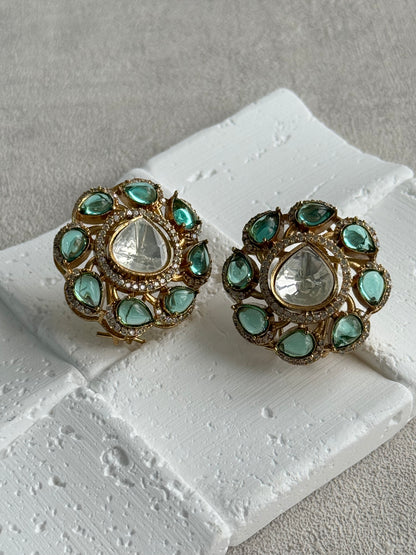 Ayura Designs Giana Stud Earrings – Aqua Green & Crystal Kundan with Gold Finish