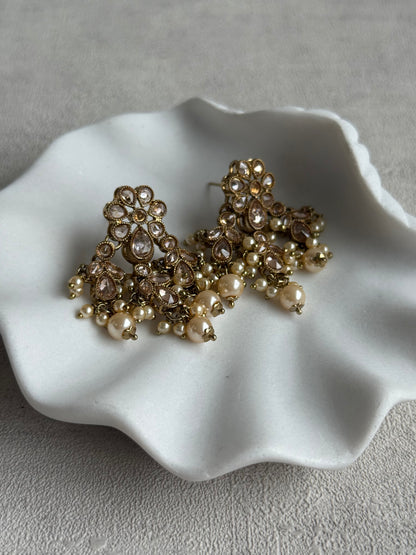 Ayura Designs Rameen Set – Necklace, Earrings & Tikka with Champagne Stones, Ivory Pearls & Antique Gold Finish