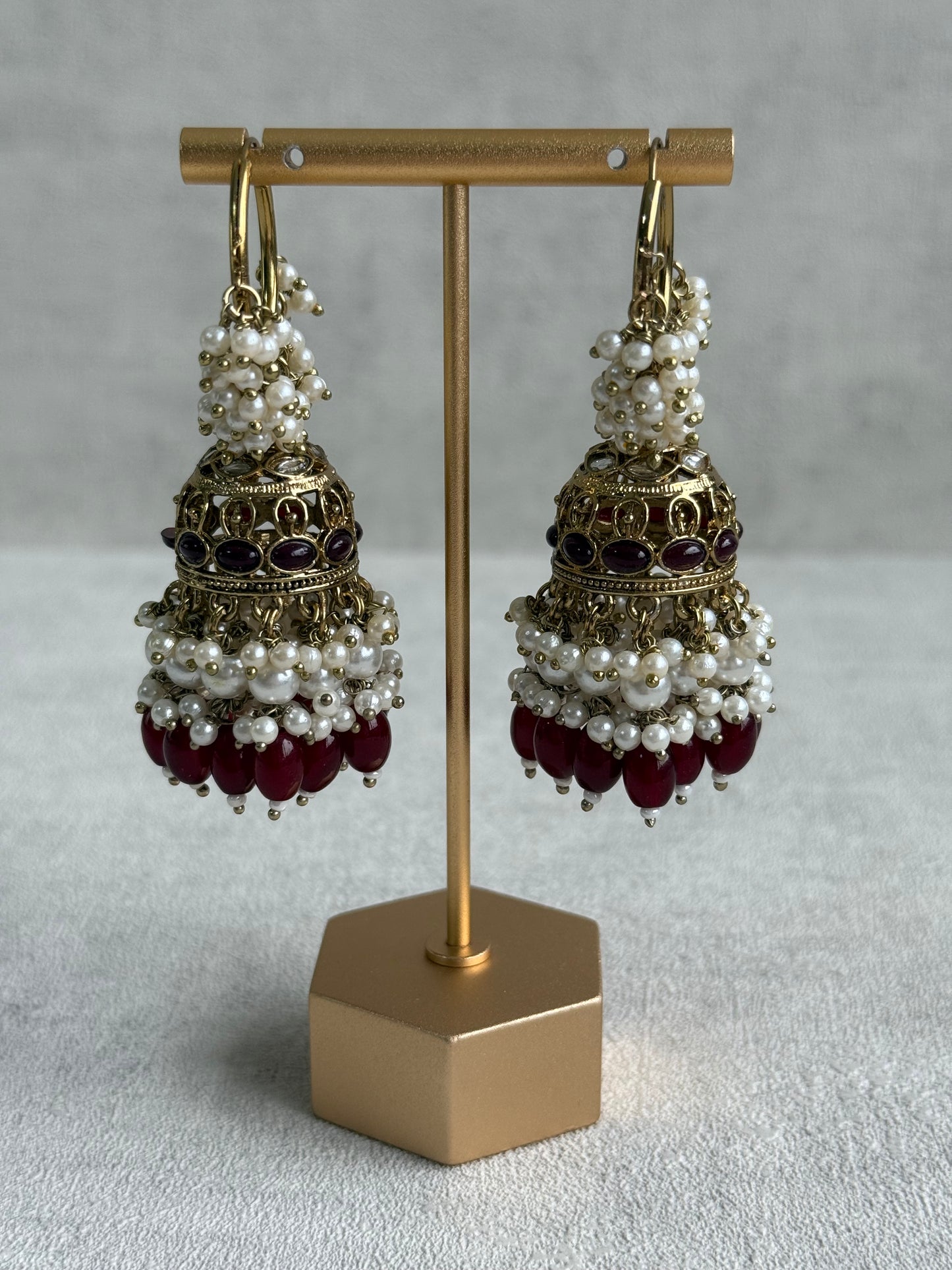 Ayura Designs Jugni Jhumkis – Antique Gold Balis with Maroon Beads & Pearl Clusters