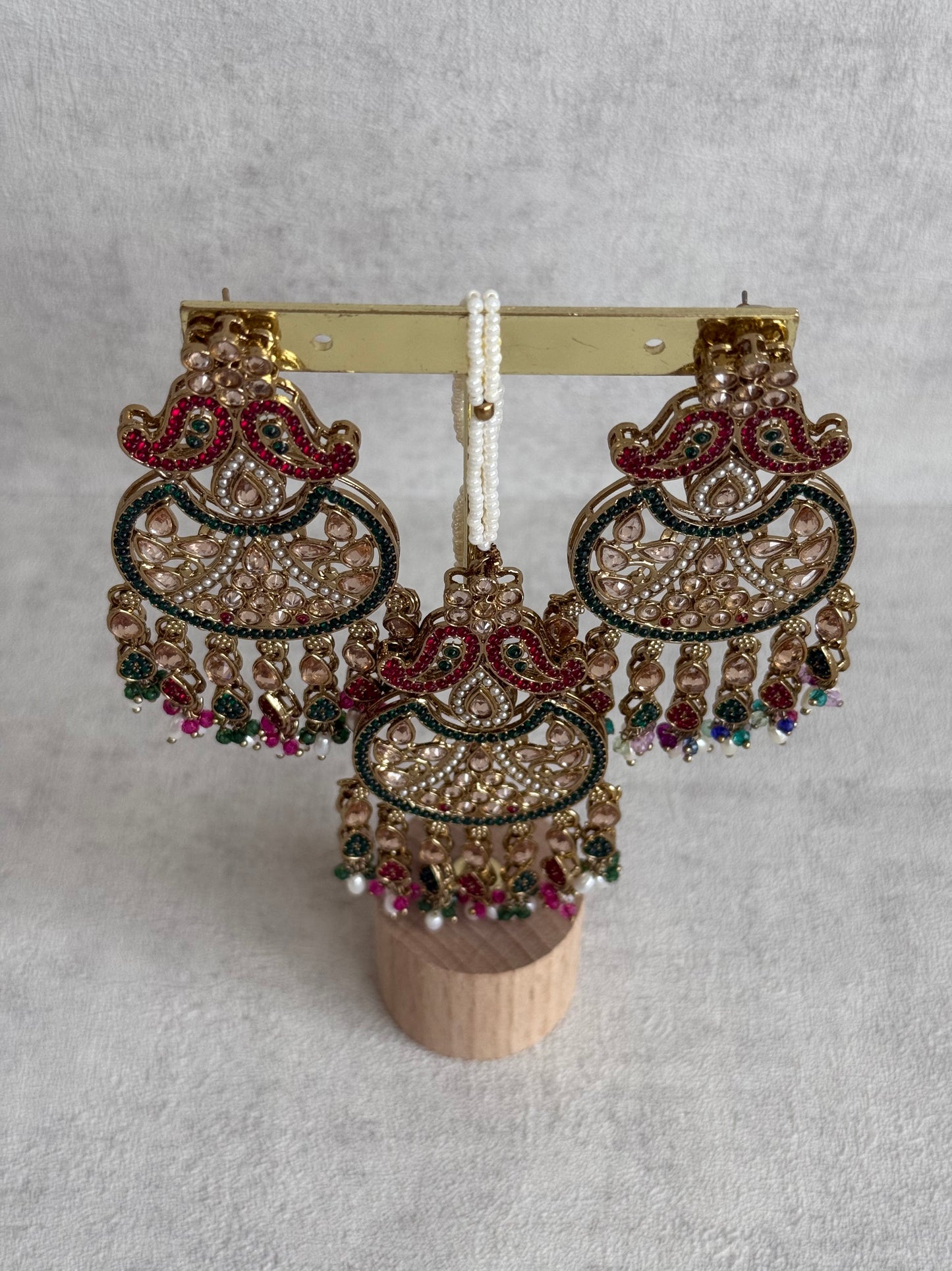 Ayura Designs Anvi Tikka Set with Earrings – Ruby Red & Emerald Green with Champagne Stones