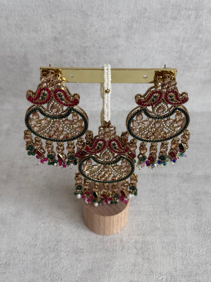Ayura Designs Anvi Tikka Set with Earrings – Ruby Red & Emerald Green with Champagne Stones