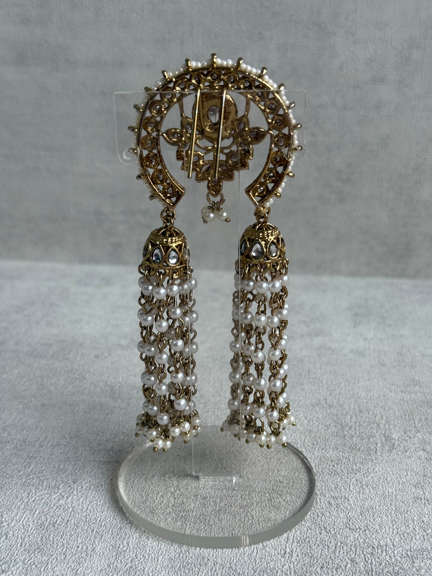 Ayura Designs Kamya Hair Brooch – Crescent Polki Design with Pearl Tassels & Antique Gold Finish