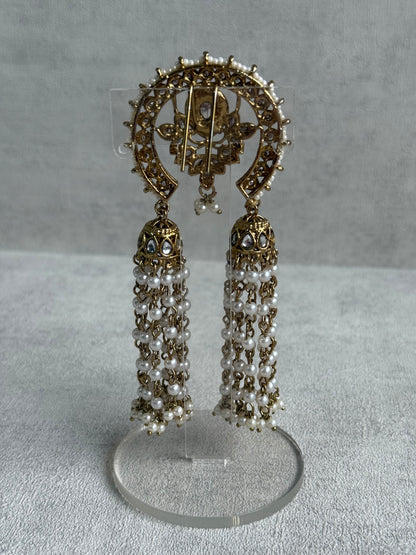 Ayura Designs Kamya Hair Brooch – Crescent Polki Design with Pearl Tassels & Antique Gold Finish