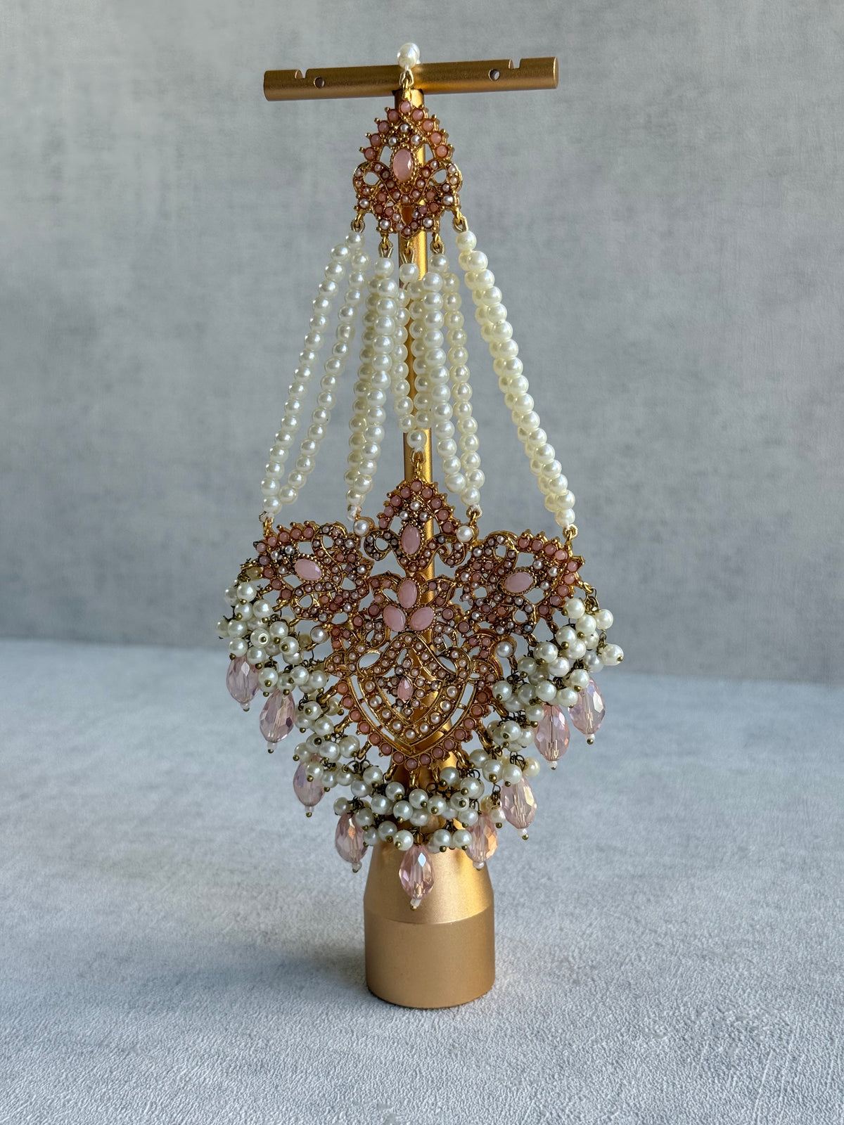 Ayura Designs Zahara Jhoomar Passa – Blush Pink Stones, Ivory Pearls & Gold Finish