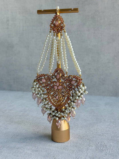 Ayura Designs Zahara Jhoomar Passa – Blush Pink Stones, Ivory Pearls & Gold Finish