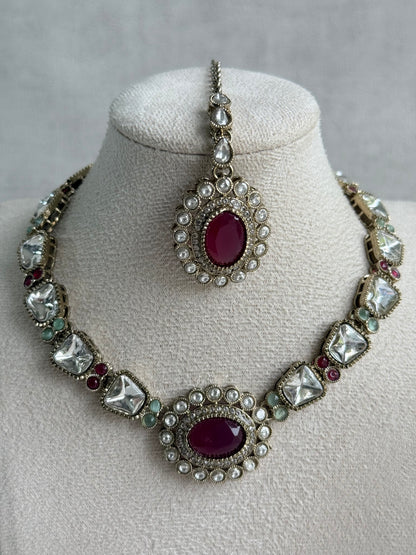 Ayura Designs Inza Necklace Set – Rani Pink & Mint Green Stones, Kundan & Crystals with Antique Gold Finish