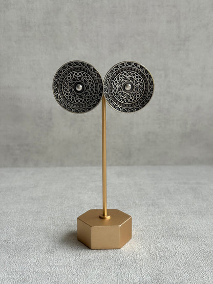 Ayura Designs Moksha Earrings – Oversized Oxidised Disc Stud Earrings with Intricate Cutwork Detailing