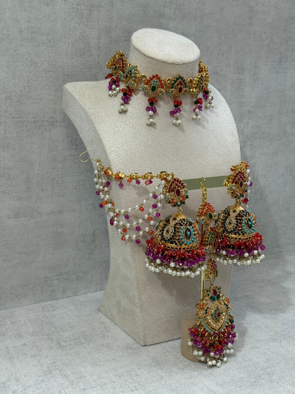 Ayura Designs Noor Set – Choker, Jhumkis with Sahare & Tikka in Multicolour with Pearl Detailing