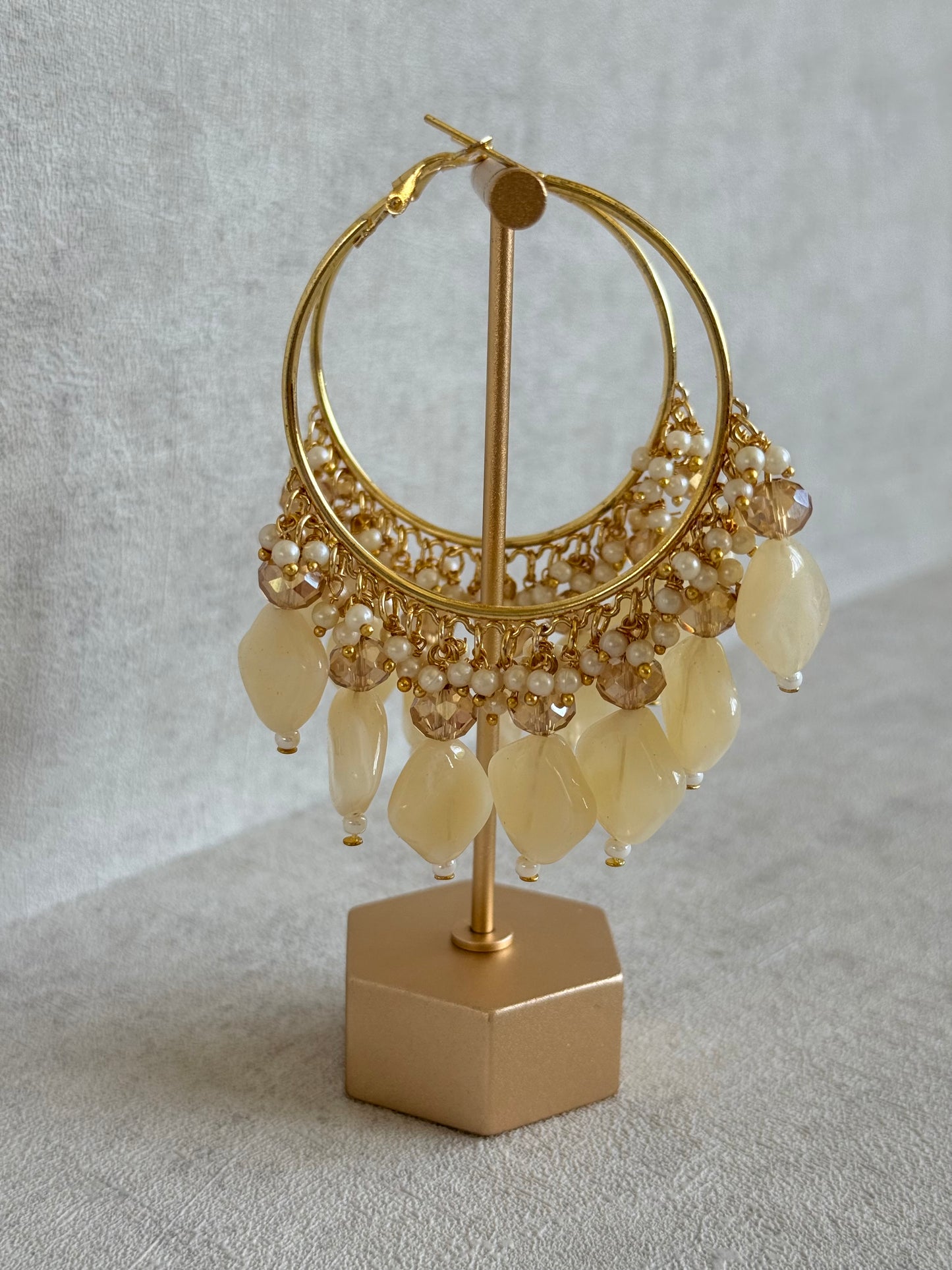 Ayura Designs Heer Balis – Gold Hoops with Ivory Pearl Marble Beads, Pearls & Crystal Detailing