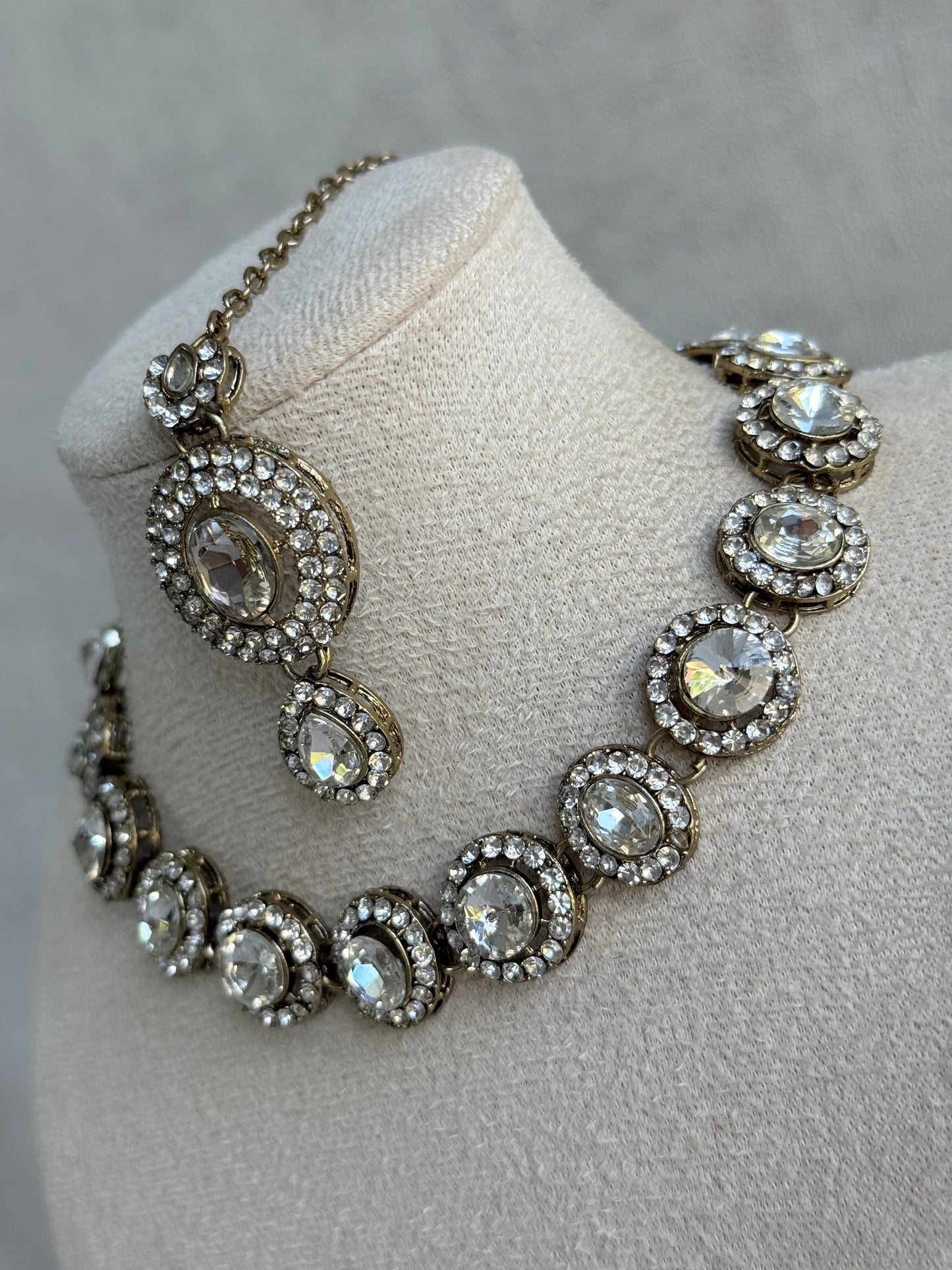 Ayura Designs Eira Necklace Set with Earrings & Tikka – Crystal Stones with Antique Gold Finish