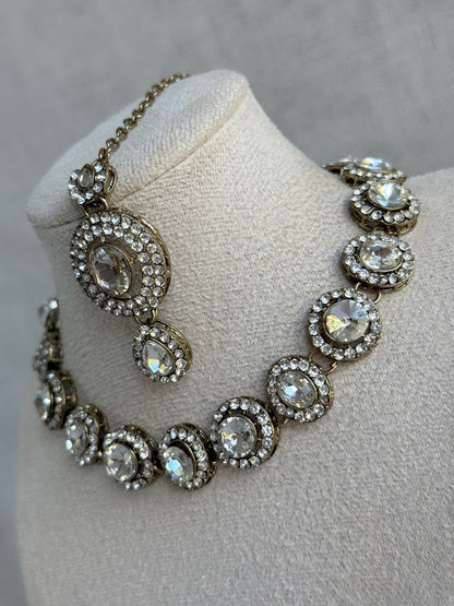 Ayura Designs Eira Necklace Set with Earrings & Tikka – Crystal Stones with Antique Gold Finish