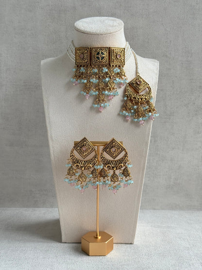Ayura Designs Samera Choker Set with Earrings & Tikka – Aqua Blue & Blush Pink Beads, Green Centre Stone, Floral Motifs & Antique Gold Finish