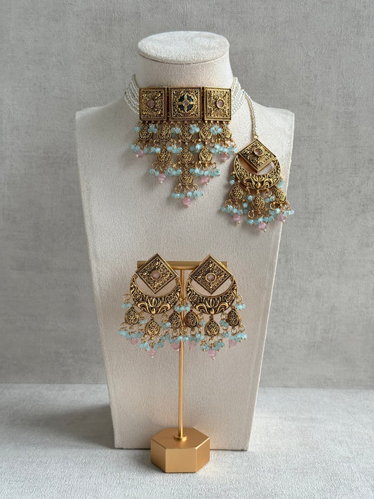 Ayura Designs Samera Choker Set with Earrings & Tikka – Aqua Blue & Blush Pink Beads, Green Centre Stone, Floral Motifs & Antique Gold Finish