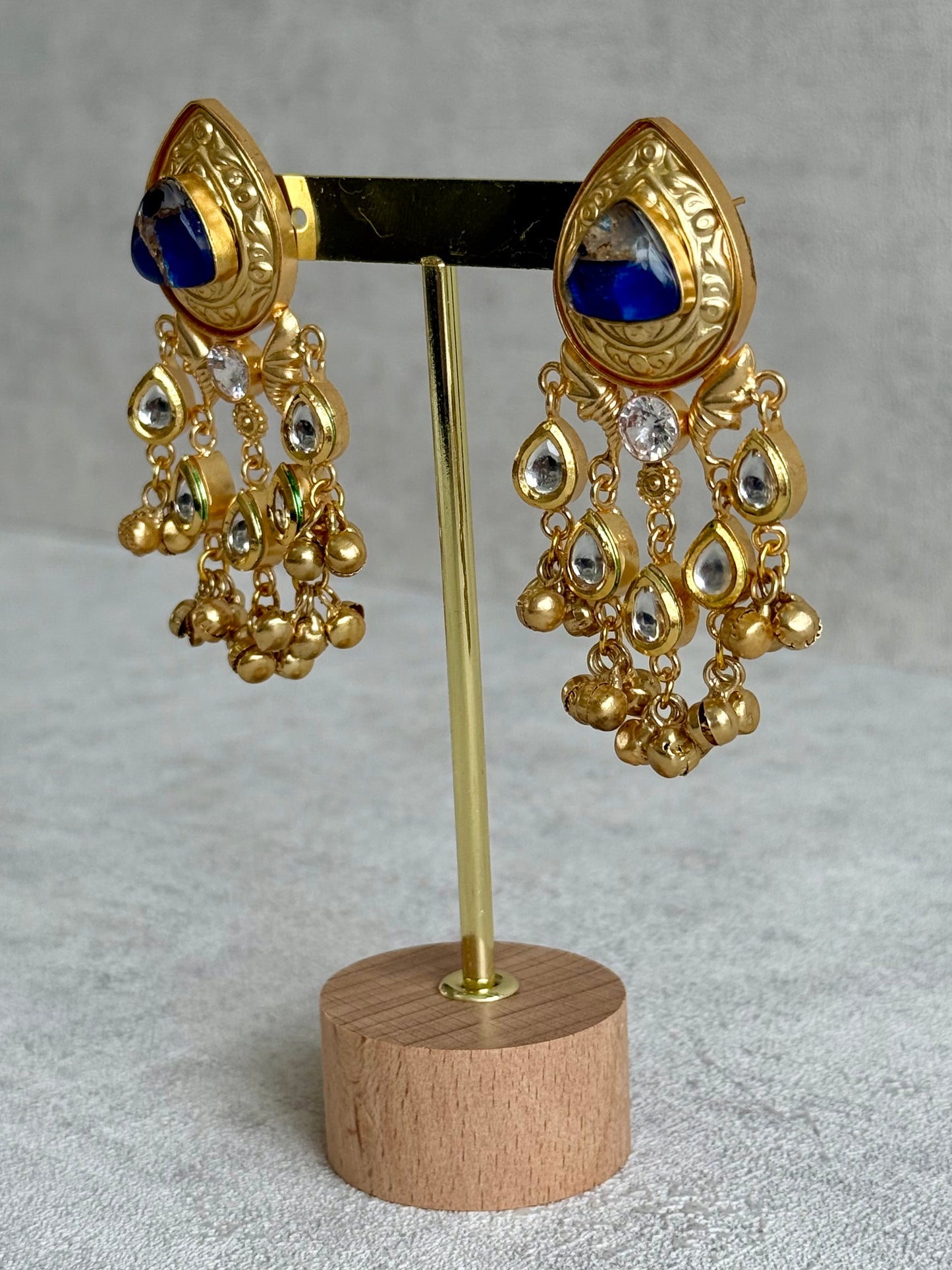 Ayura Designs Arheer Earrings – Sapphire Blue Marble with Kundan Detailing & Antique Gold Ghungroos