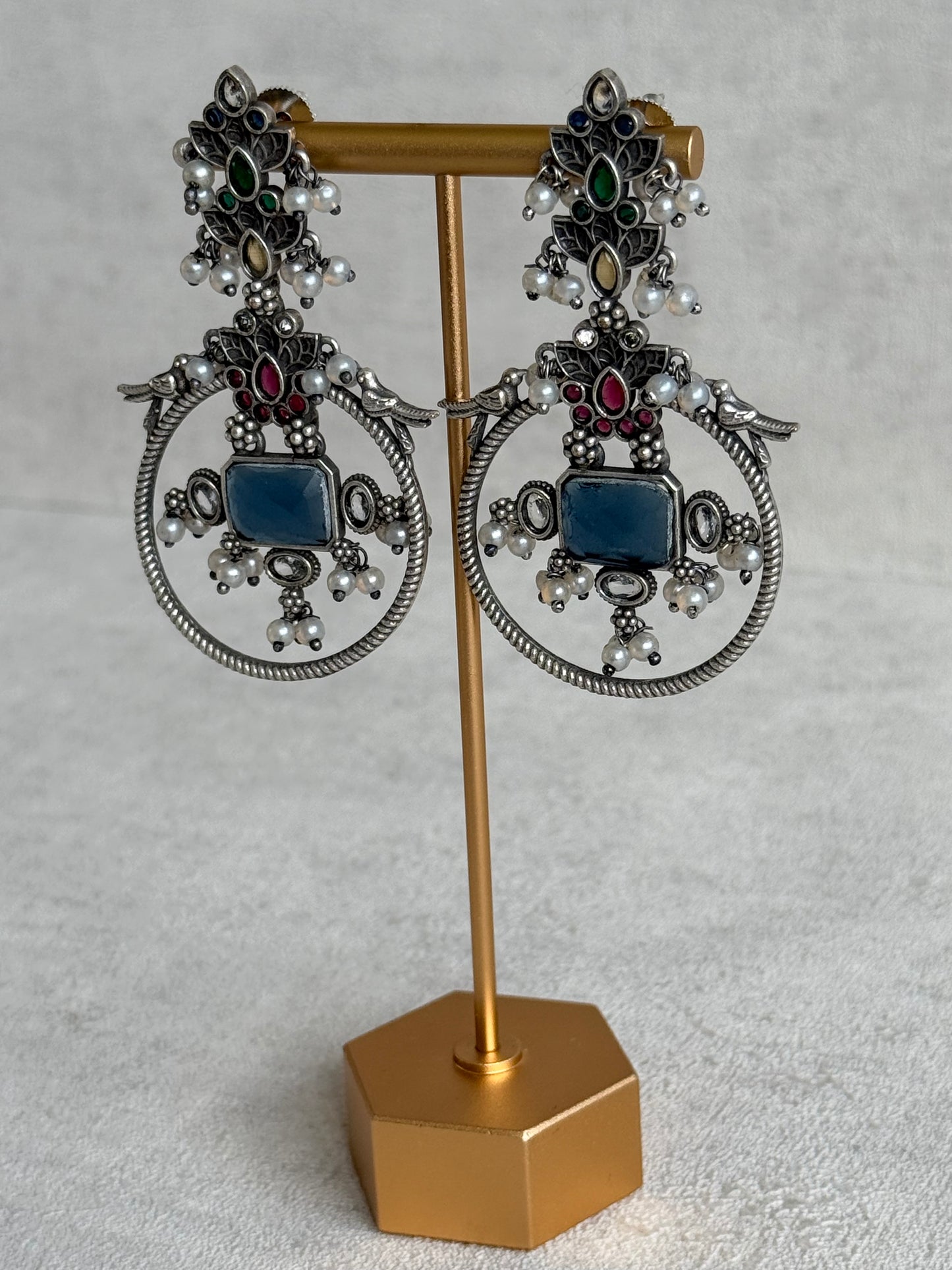 Ayura Designs Katha Earrings – Oxidised Statement Earrings with Multicolour Stonework & Pearl Detailing