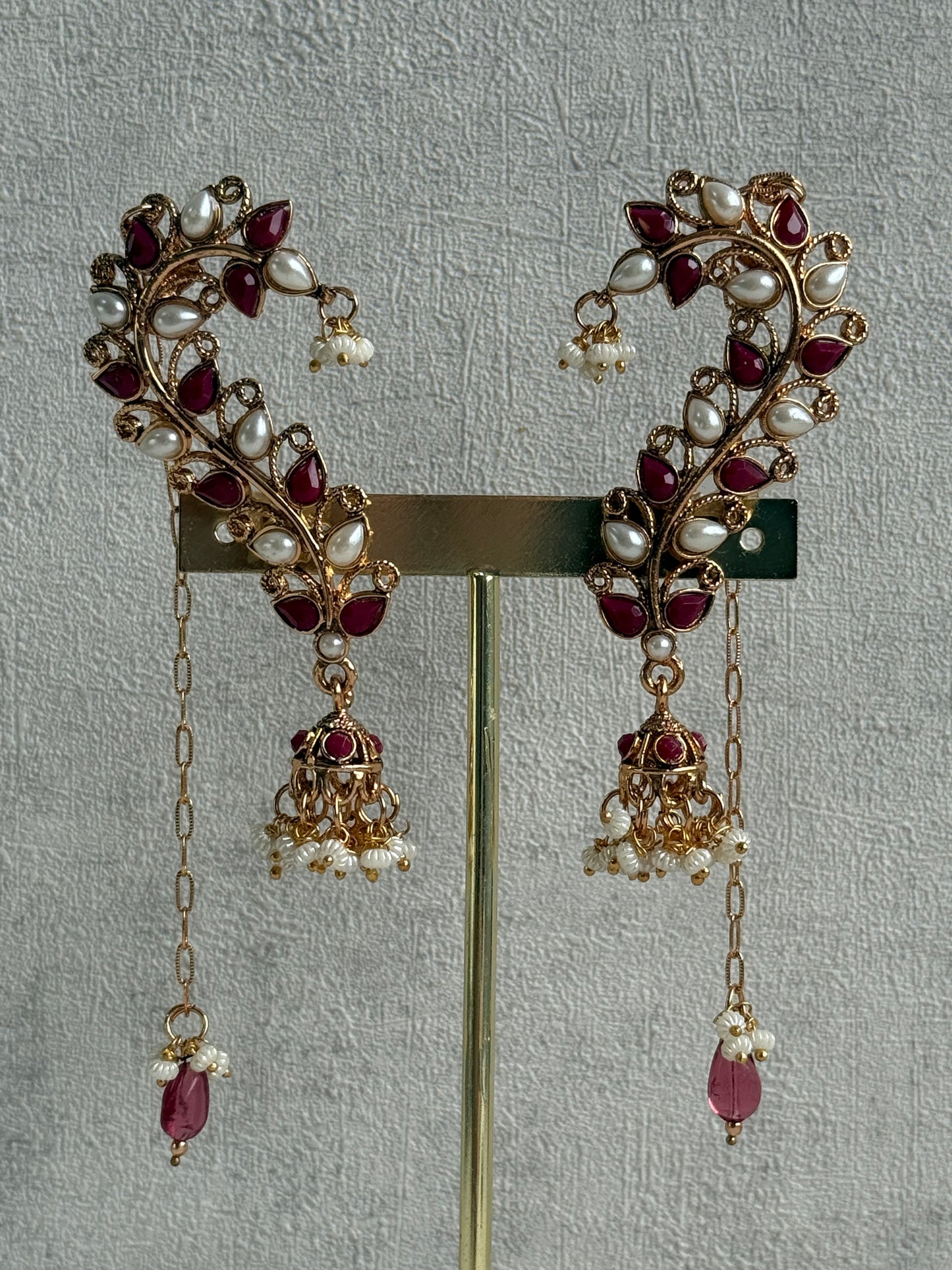 Ayura Designs Mastani Earrings – Gold Ear Climbers with Ruby Stones, Pearls & Jhumki Drops
