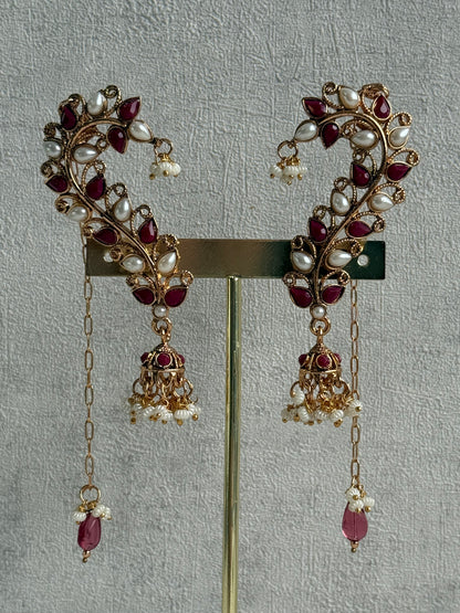 Ayura Designs Mastani Earrings – Gold Ear Climbers with Ruby Stones, Pearls & Jhumki Drops