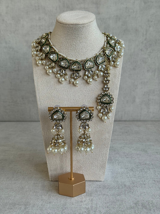 Ayura Designs Izza Set with Jhumkis & Tikka – Mirror-Cut Kundan Stones, Pearl Drops & Emerald Green Enamel Finish