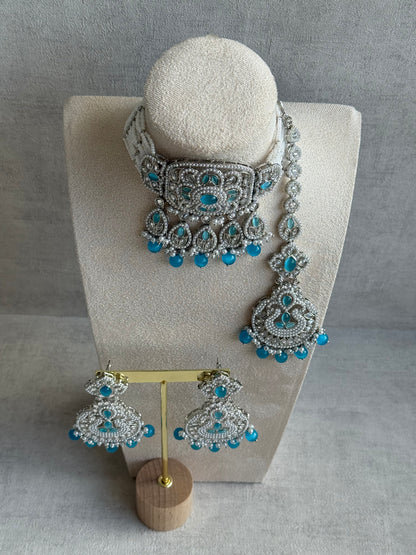 Ayura Designs Zarlish Set – Choker, Earrings & Tikka with Mirror-Cut Stones, Aqua Blue Beads & Silver Finish