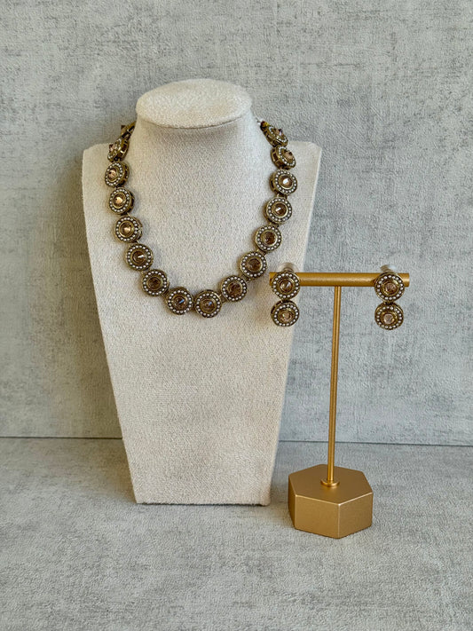 Ayura Designs Jaya Set with Earrings – Antique Gold with Champagne Stones & Pearl Detailing