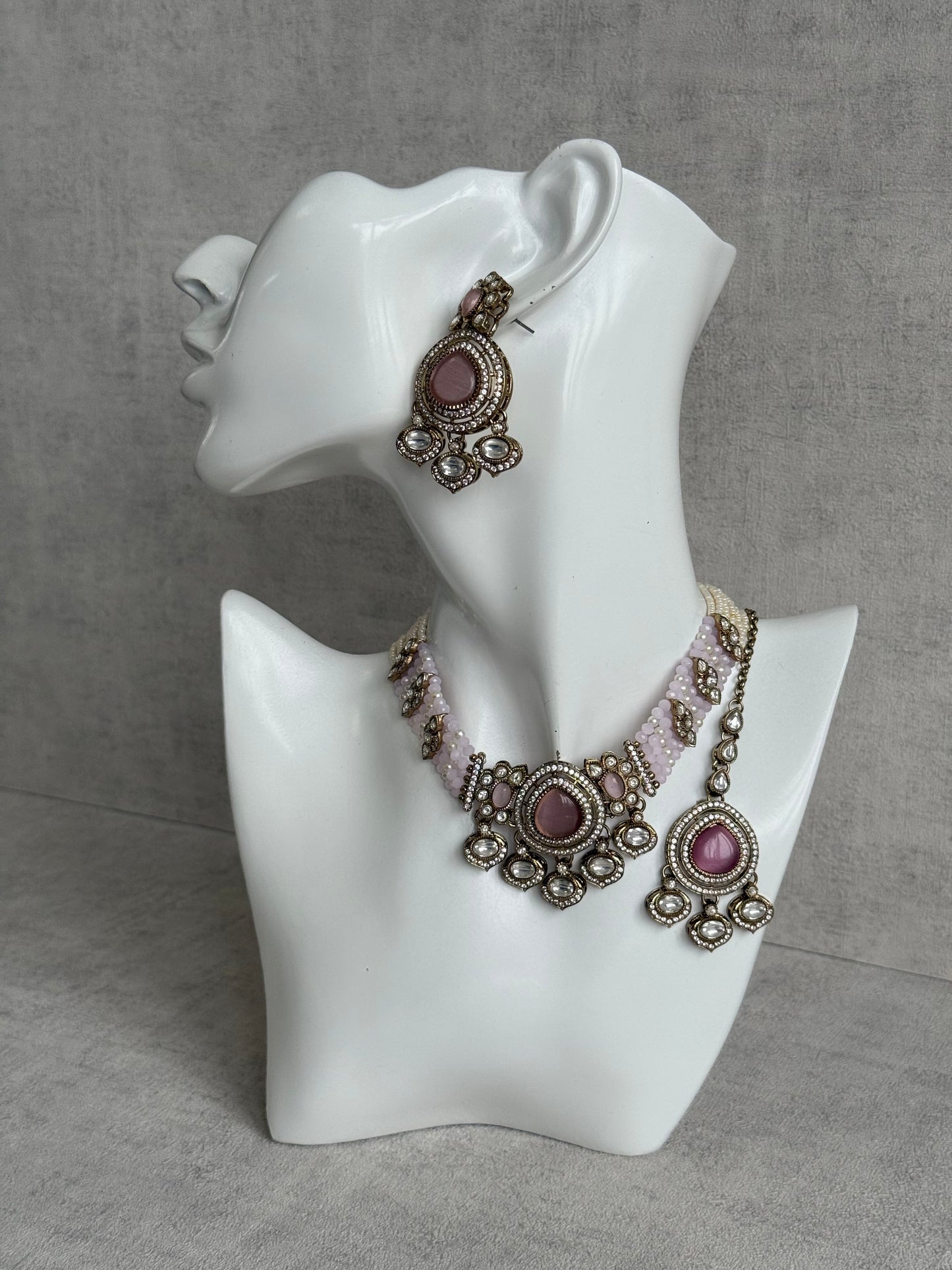 Ayura Designs Rahi Necklace Set with Earrings & Tikka – Blush Pink Stones with Mirror-Cut Detailing & Pearl Strands