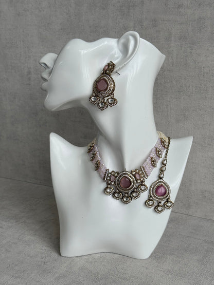 Ayura Designs Rahi Necklace Set with Earrings & Tikka – Blush Pink Stones with Mirror-Cut Detailing & Pearl Strands