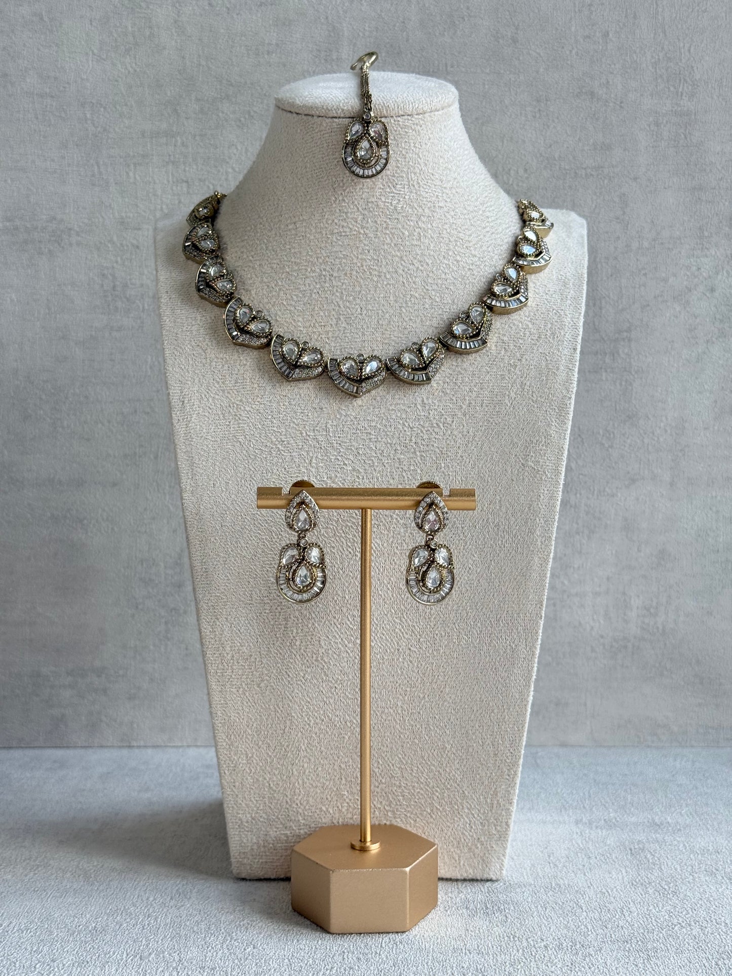 Ayura Designs Katalina Necklace Set with Earrings & Tikka – Crystal Detailing & Antique Gold Finish