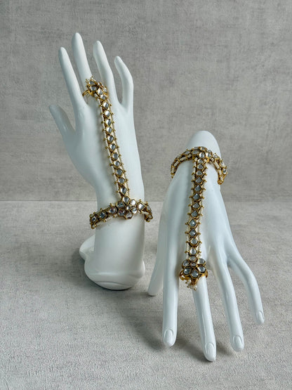 Ayura Designs Yara Haathphool – Mirror-Cut Stones with Pearl Bead Detailing in Antique Gold Finish