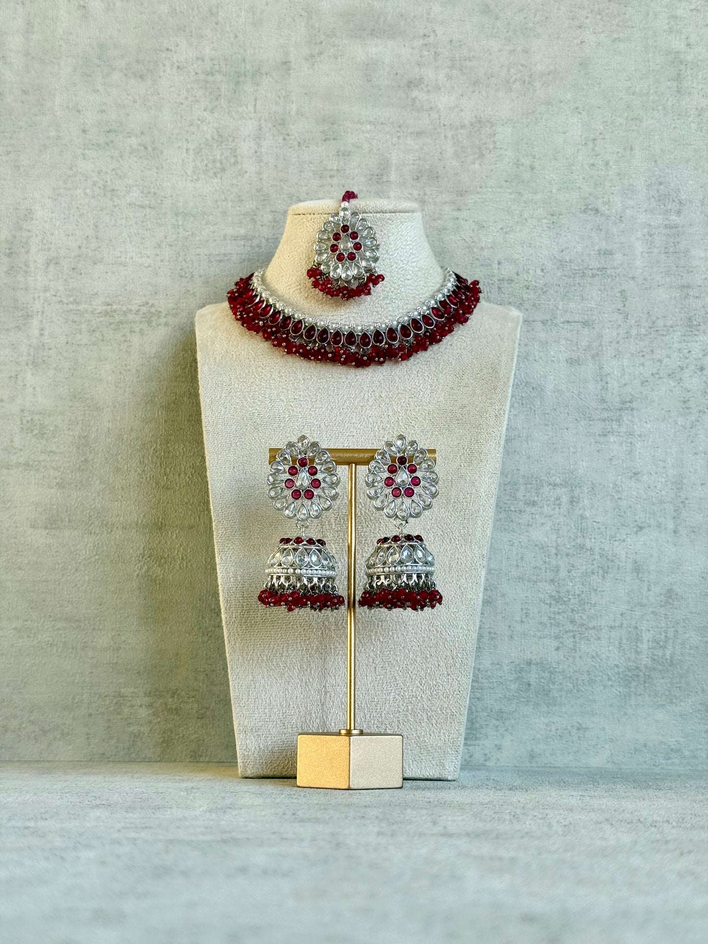 Ayura Designs Saima Set – Necklace, Jhumkis & Tikka in Deep Rose Pink with Silver Finish