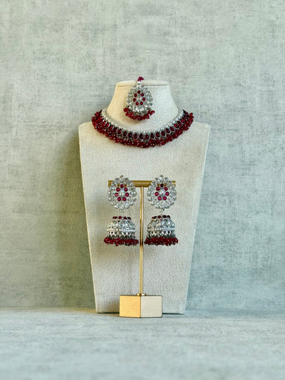 Ayura Designs Saima Set – Necklace, Jhumkis & Tikka in Deep Rose Pink with Silver Finish