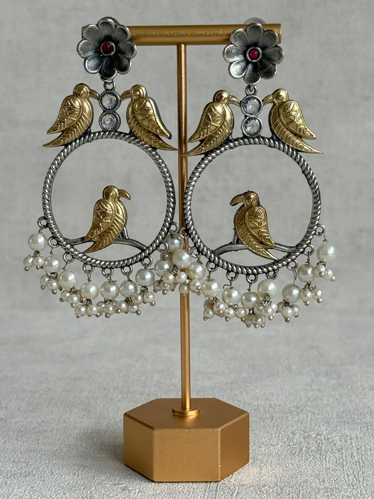 Ayura Designs Wasl Earrings – Dual Tone Oxidised Bird Hoop Earrings with Pearl Clusters