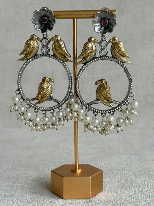 Ayura Designs Wasl Earrings – Dual Tone Oxidised Bird Hoop Earrings with Pearl Clusters